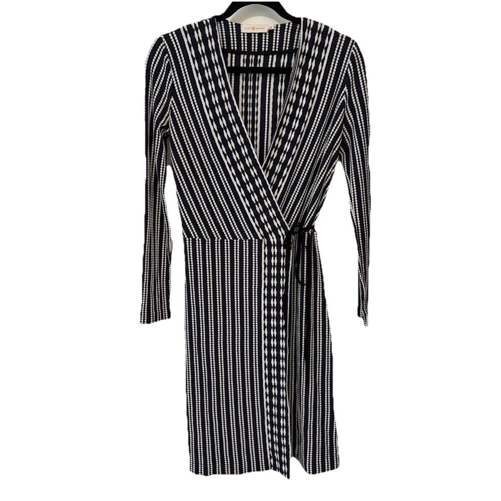 Tory Burch Wrap Dress XS Long Sleeve Viscose Knit Belted Black Quiet Luxury